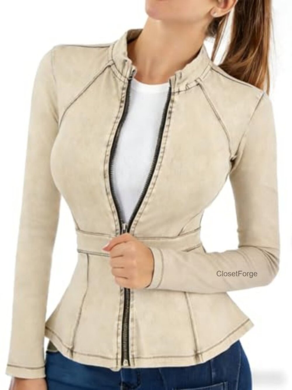 High Stretch Denim Peplum Jacket Lightweight Long Sleeve Zip Front Blazer Coats - Picture 3 of 6